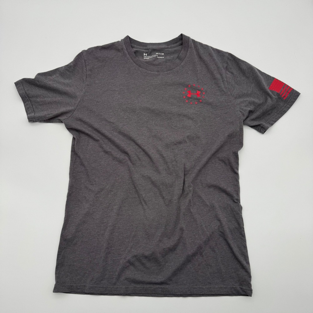 Under Armour Mens Freedom Flag T-Shirt Charcoal Heather Grey Red Small HeatGear